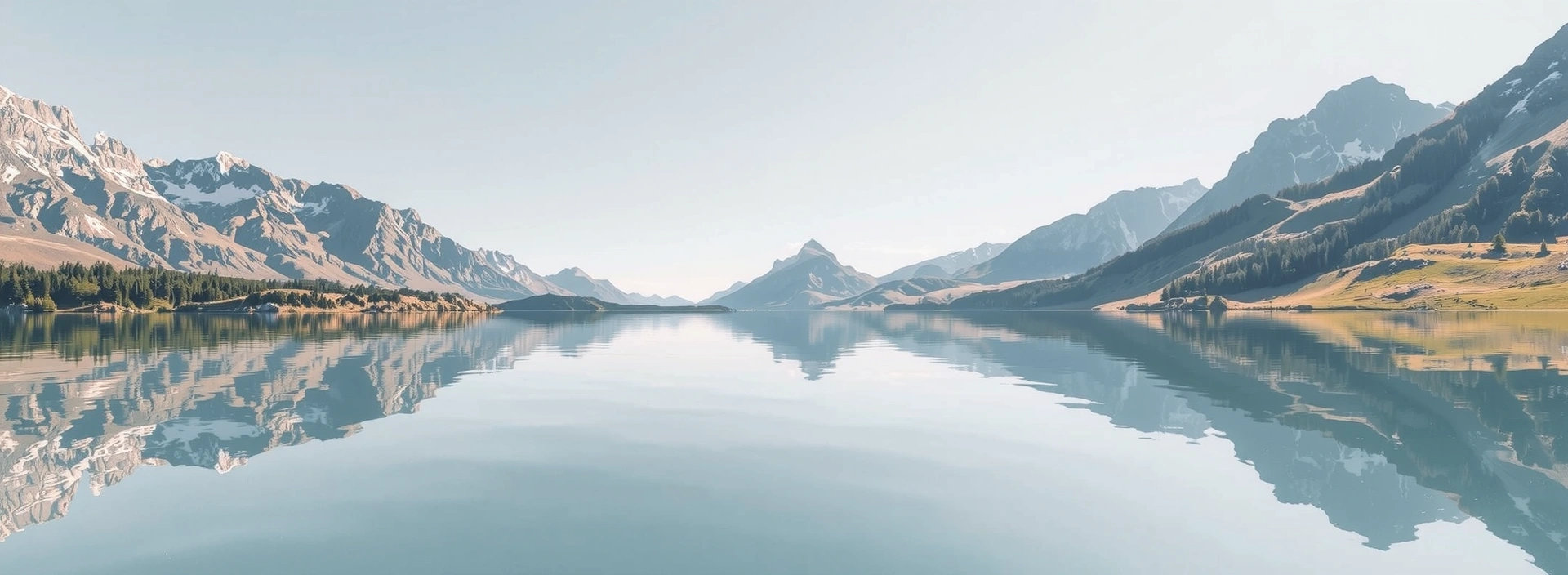 A serene landscape with a calm lake reflecting mountains and a clear sky, symbolizing purity and natural essence.