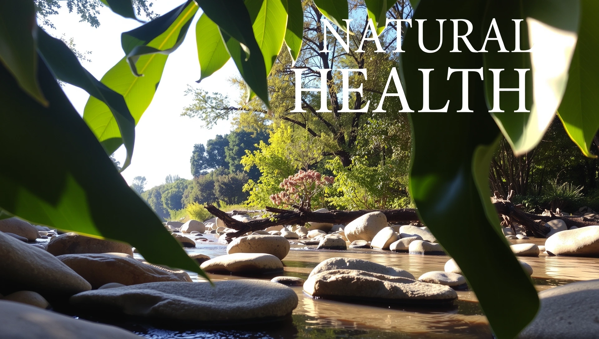 Serene natural landscape with soft light, lush green leaves, and smooth river stones, embodying purity and tranquility for a natural health brand.