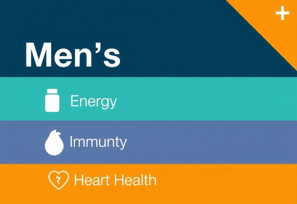 Detailed graphic showing the layered benefits of a multivitamin for men, with icons representing energy, immunity, heart health, and cognitive function
