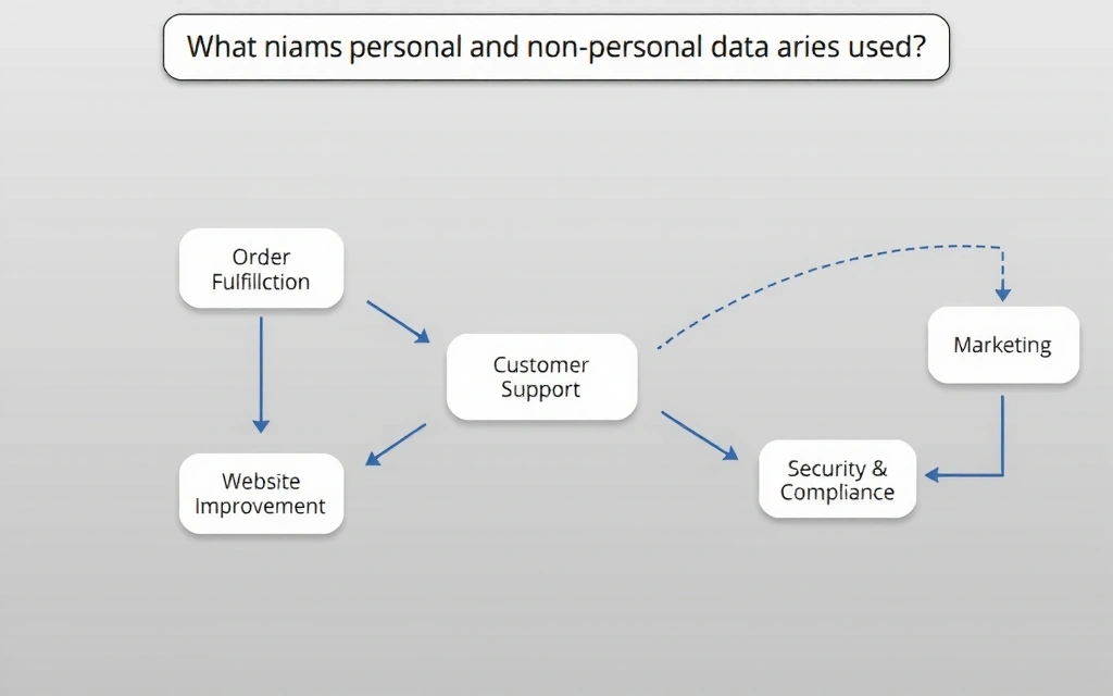 Flowchart illustrating data usage for various purposes like order processing, marketing, and security.