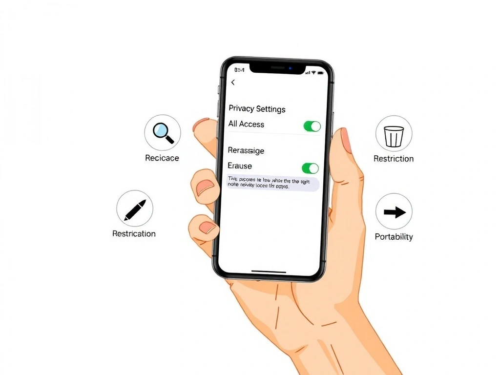 Illustration of a hand holding a smartphone with privacy settings on screen, surrounded by icons representing data rights.