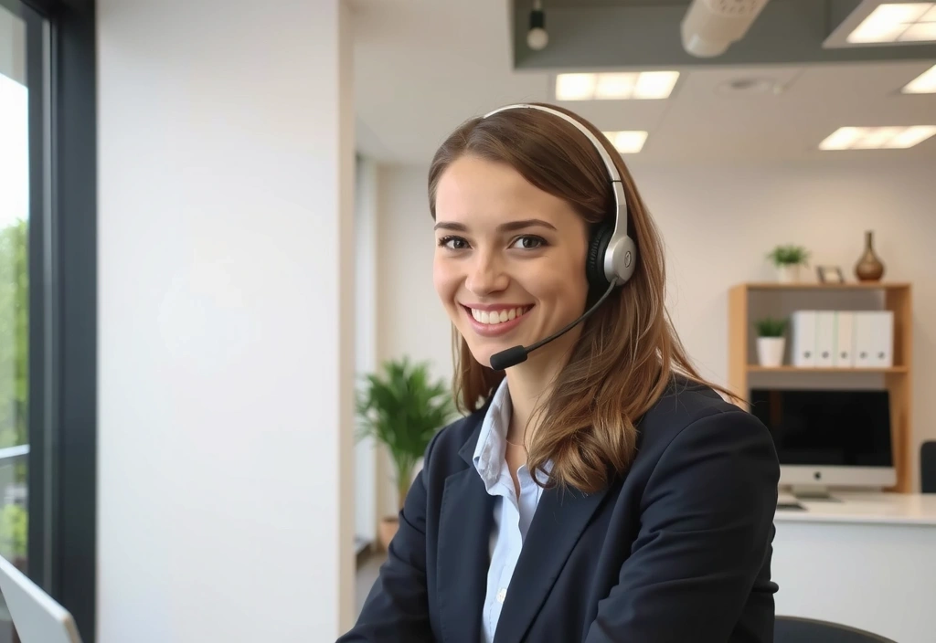 A friendly customer service representative smiling and ready to assist, symbolizing support and communication.
